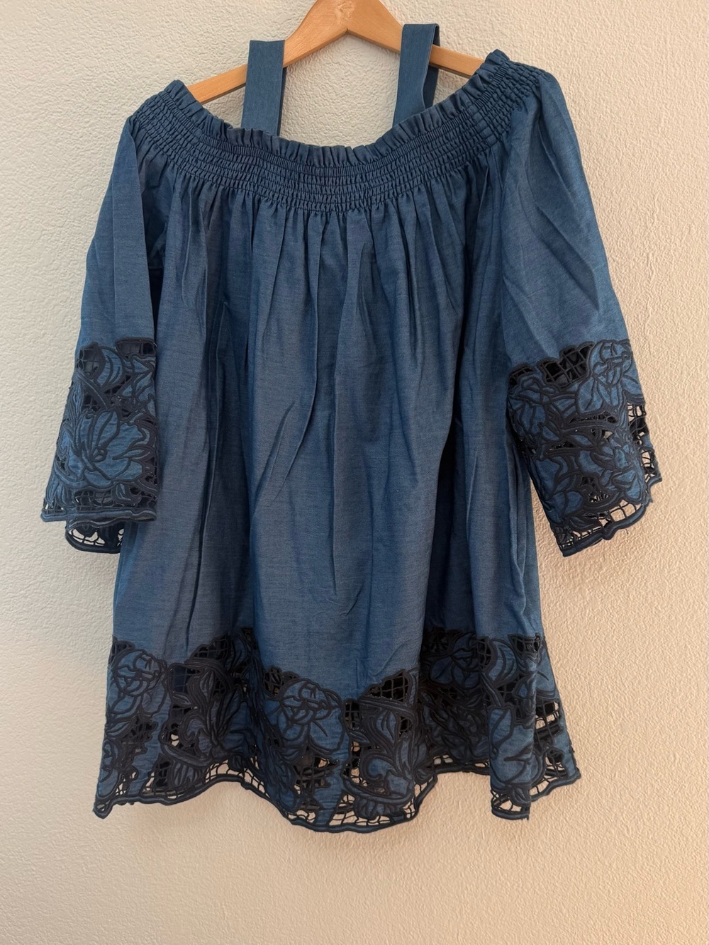 Kendall & Kylie Blue Off-Shoulder Dress with Black Lace Trim